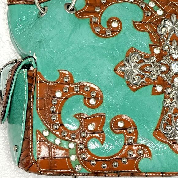 Western Turquoise Rhinestone Cross Handbag Tooled Brown Faux Leather Chain Strap - Picture 4 of 14